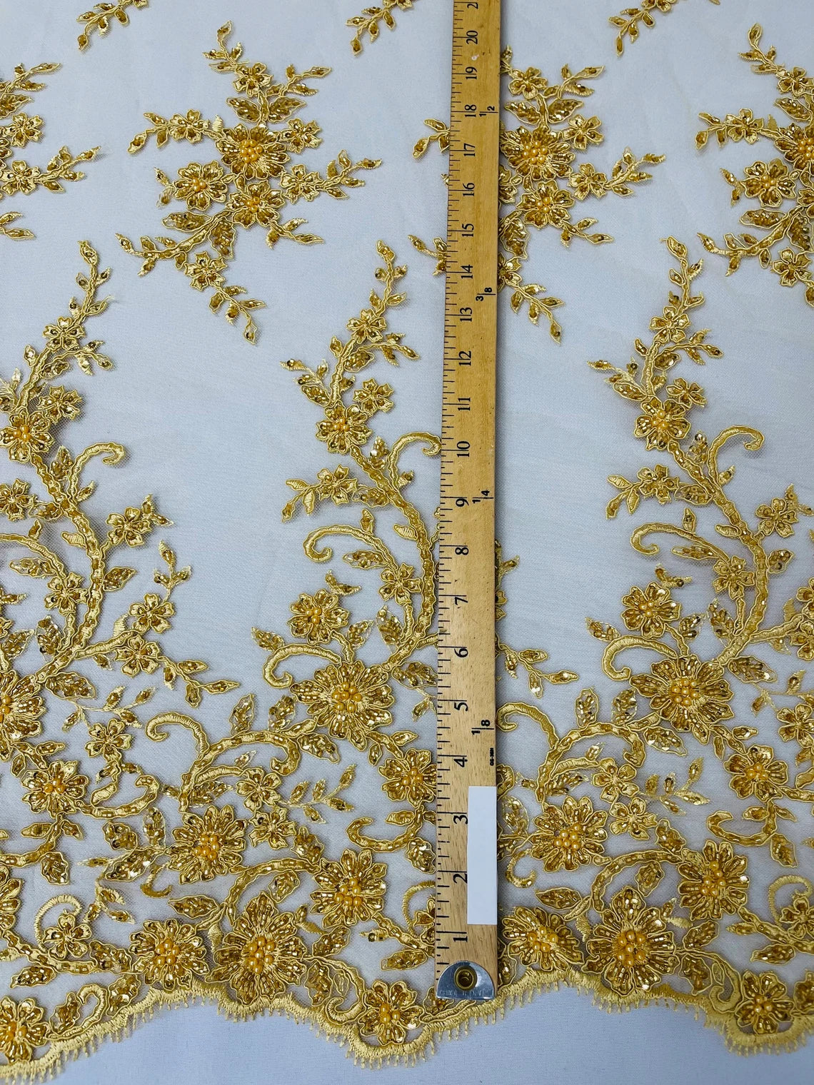 Beaded Floral Cluster - Gold - Fancy Embroidered Glamorous Floral Design Sold by Yard
