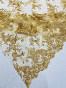 Floral Plant Lace Fabric - Gold - Embroidery Flower Small Leaf Design Lace Fabric Sold By Yard