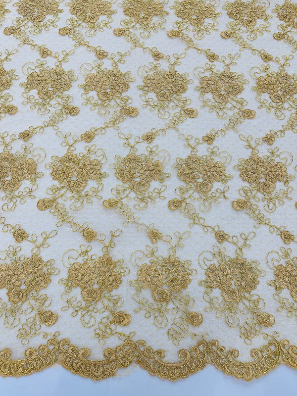 Embroidered Flower Fabric - Gold - Floral Design Scalloped Border Fabric By Yard