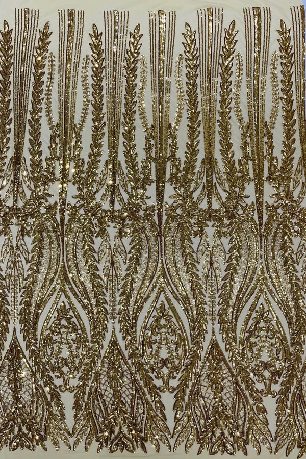 Mermaid Design Sequins Fabric - Gold - Sequins Fabric 4 Way Stretch on Mesh By Yard