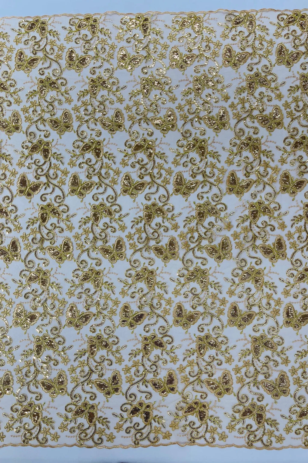 Butterfly Swirl Lace Fabric - Gold - Metallic Sequins Design on Lace Fabric By Yard