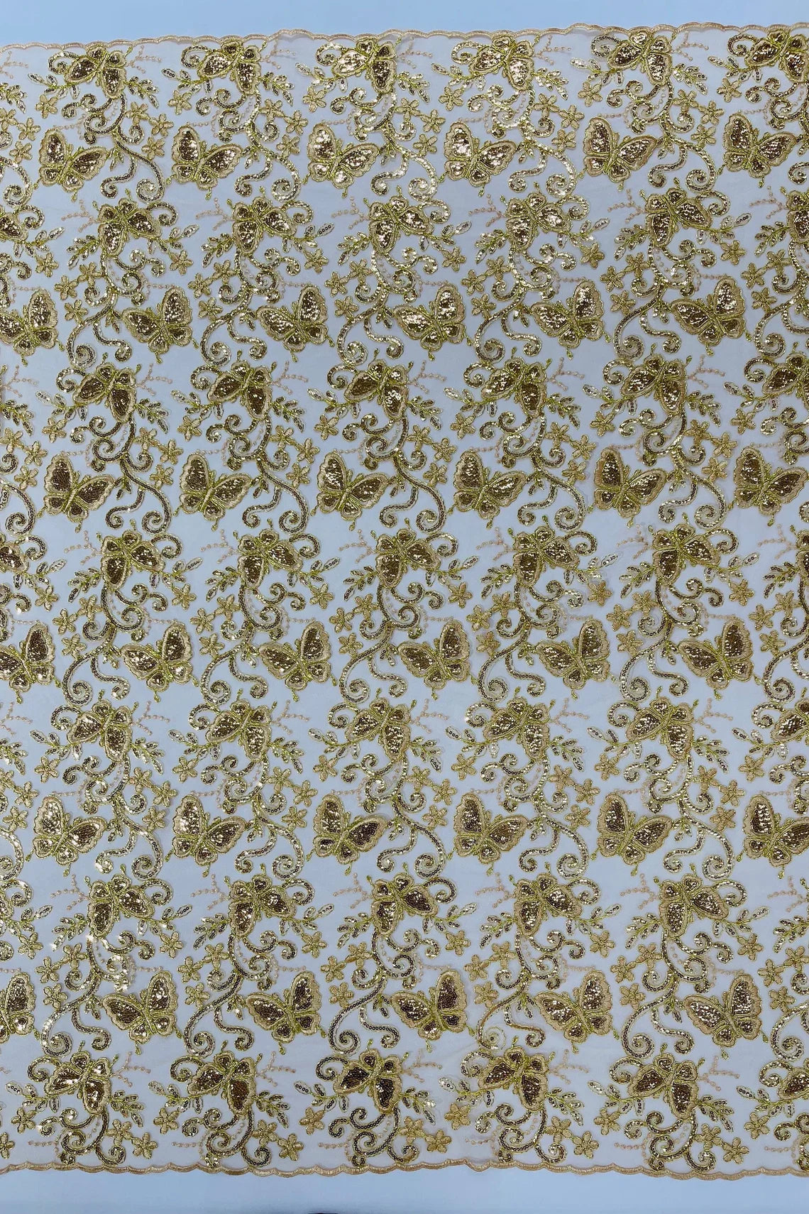 Butterfly Swirl Lace Fabric - Gold - Metallic Sequins Design on Lace Fabric By Yard
