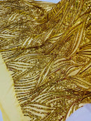 Curvy Line Design Fabric - Gold - 4 Way Stretch Sequins Design Mesh Lace Fabric by Yard