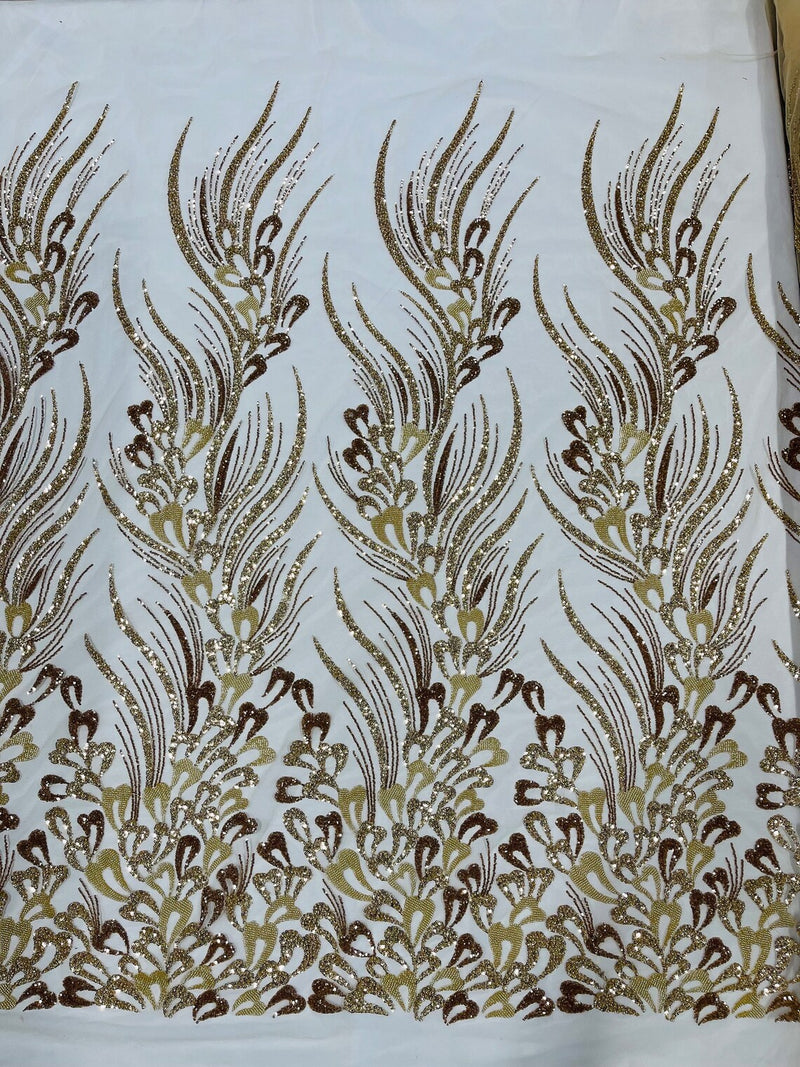 Fancy Wavy Leaf Bead Fabric - Gold - Leaf Line Beaded Design Embroidered Mesh By Yard