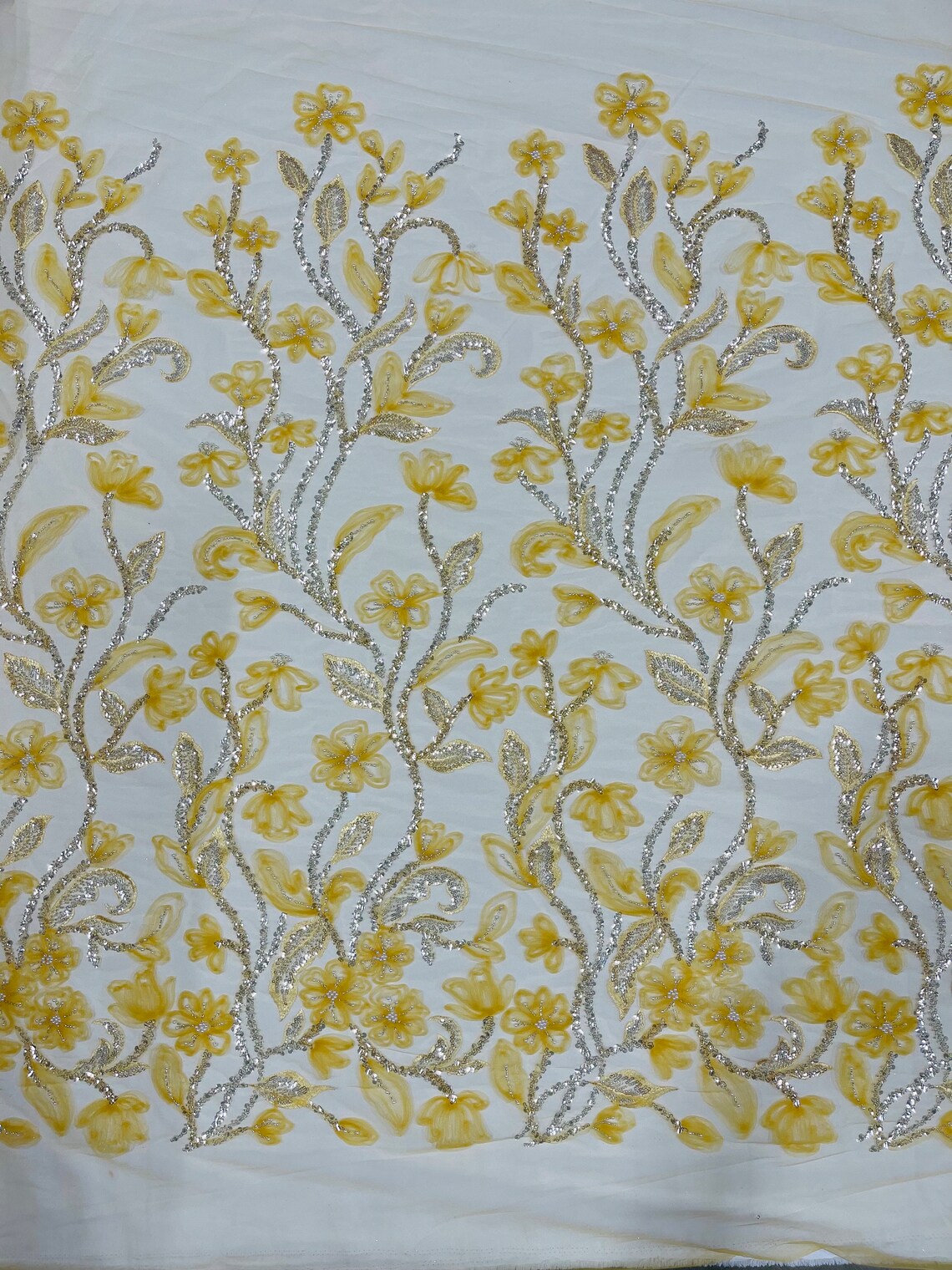 3D Tulle Flower Bead Fabric - Gold - Mesh Flower Plant Design with Beads By Yard
