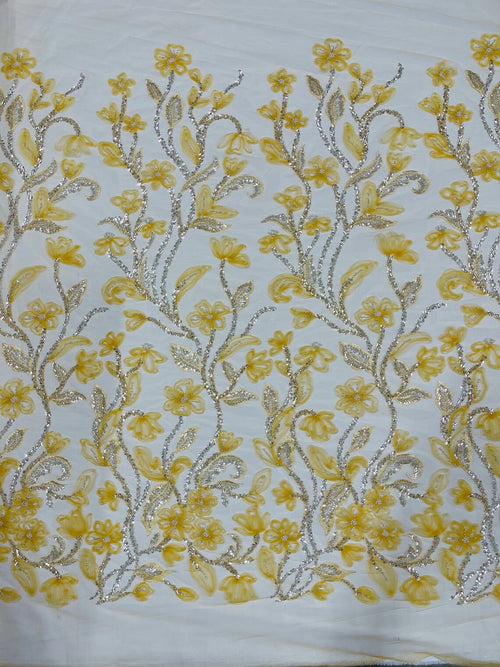 3D Tulle Flower Bead Fabric - Gold - Mesh Flower Plant Design with Beads By Yard