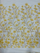3D Tulle Flower Bead Fabric - Gold - Mesh Flower Plant Design with Beads By Yard