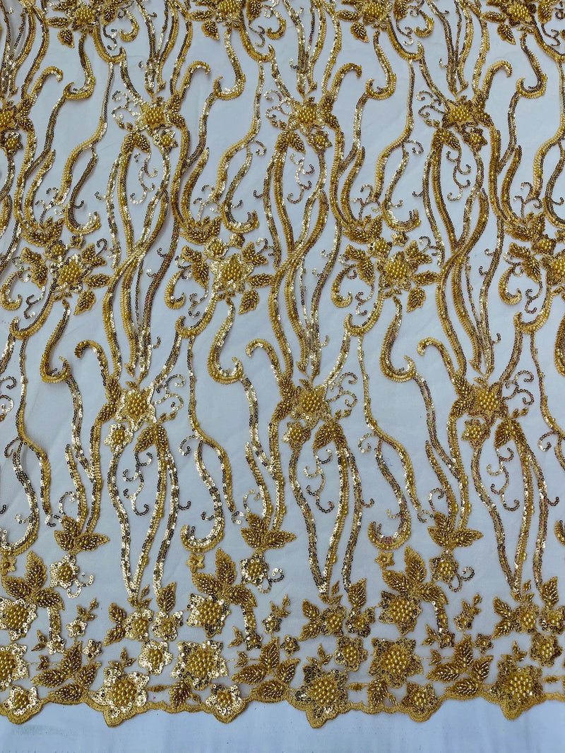 Small Flower Bead Fabric - Gold - Beaded Flower Fabric with Curled Lines Design By Yard