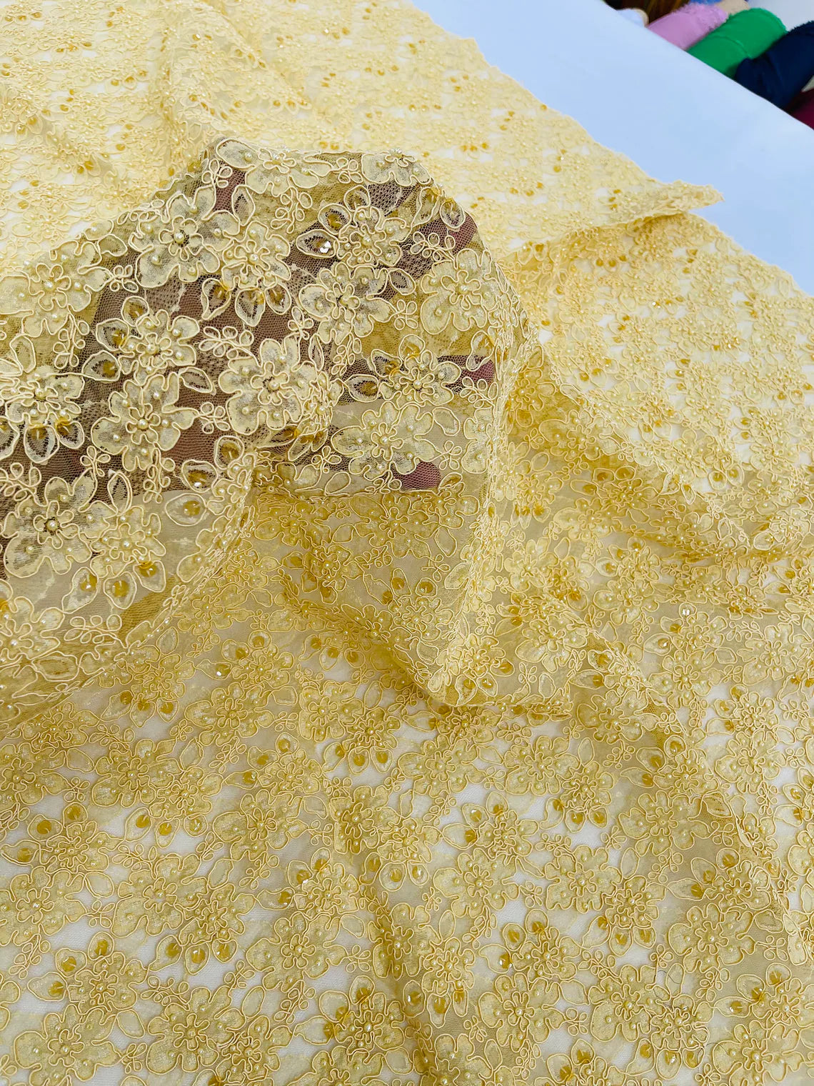 Floral Pearls and Sequins Fabric - Gold - Beaded Fabric Embroidered Lace By The Yard