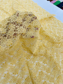 Floral Pearls and Sequins Fabric - Gold - Beaded Fabric Embroidered Lace By The Yard