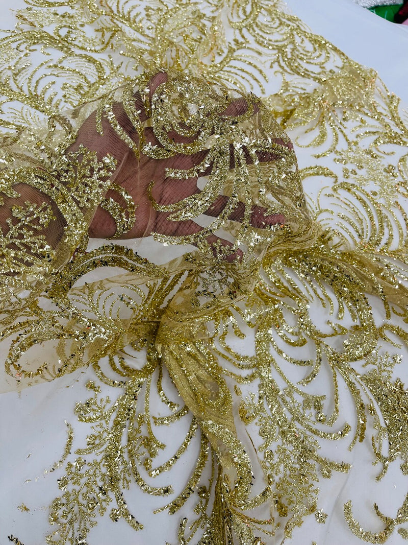 Glitter Palm Leaf Design Fabric - Gold - Tulle Mesh Glitter Leaf Design Fabric Sold By Yard