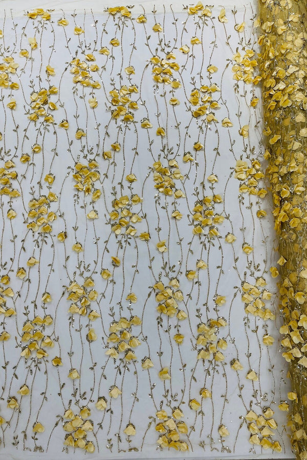 3D Glitter Floral Fabric - Gold - 3D Flowers with Sequins and Glitter on Mesh Sold By Yard