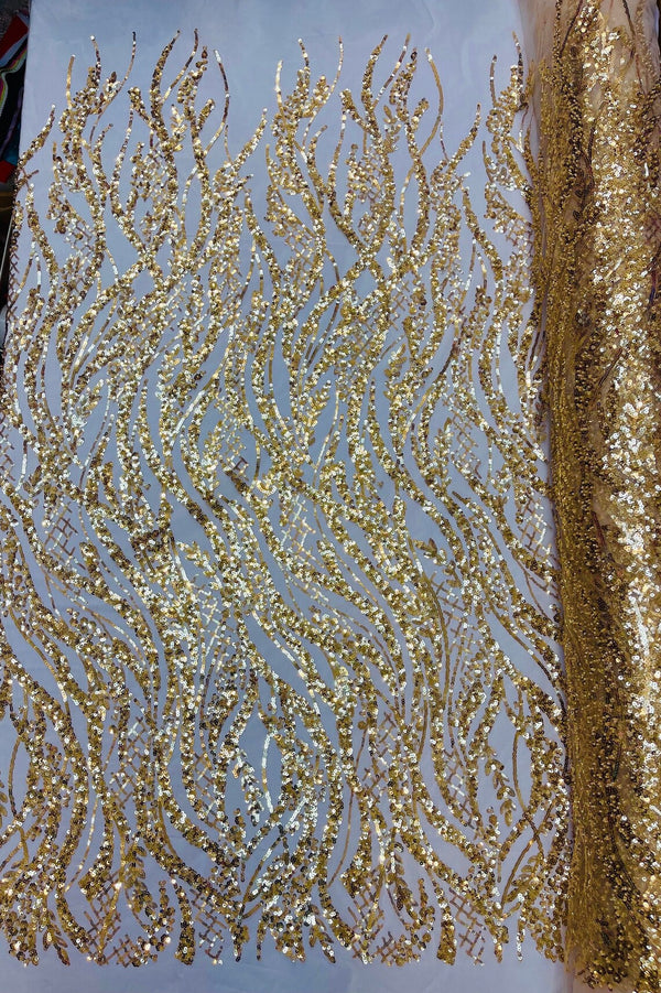 Floral Beaded Wavy Fabric - Gold - Beaded Sequins Wavy Embroidered Fabric Sold By Yard