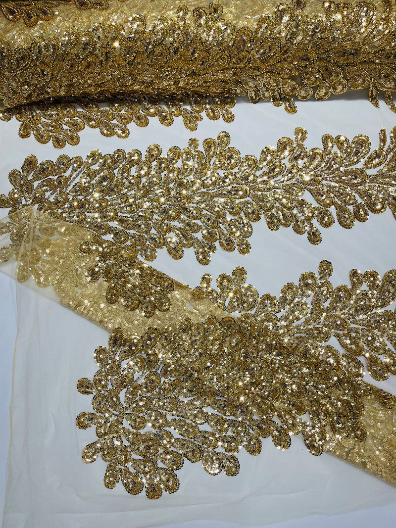 3D Beaded Peacock Feathers - Gold - Sequins Embroidered Beaded Vegas Design On a Mesh Lace Fabric (Choose The Panels)