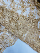 3D Floral Leaf Panels - Gold - Embroidered 3D Flower Lines with Pearls on Lace By Yard