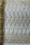 3D Glitter Floral Design Fabric - Gold - Floral Line Design Embroidered Sequins Fabric by Yard