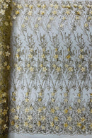 3D Glitter Floral Design Fabric - Gold - Floral Line Design Embroidered Sequins Fabric by Yard