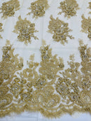 Rhinestone Beaded Fabric - Gold - Beaded Floral Rhinestone Design with Fancy Border Sold By Yard
