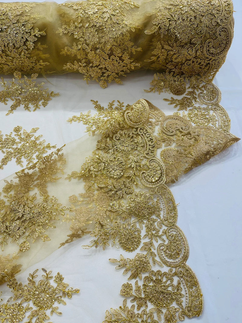 Floral Lace Flower Fabric - Gold - Floral Embroidered Fabric with Sequins on Lace By Yard