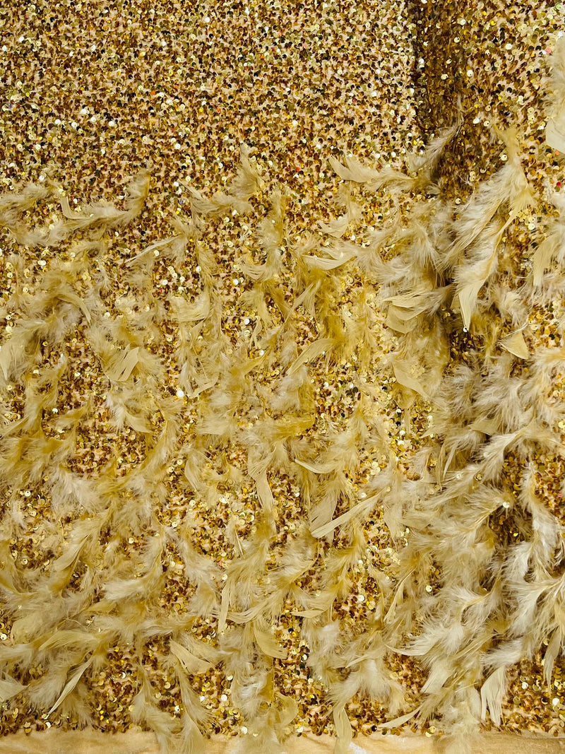 Feather Sequin Velvet Fabric - Gold - 5mm Sequins Velvet 2 Way Stretch