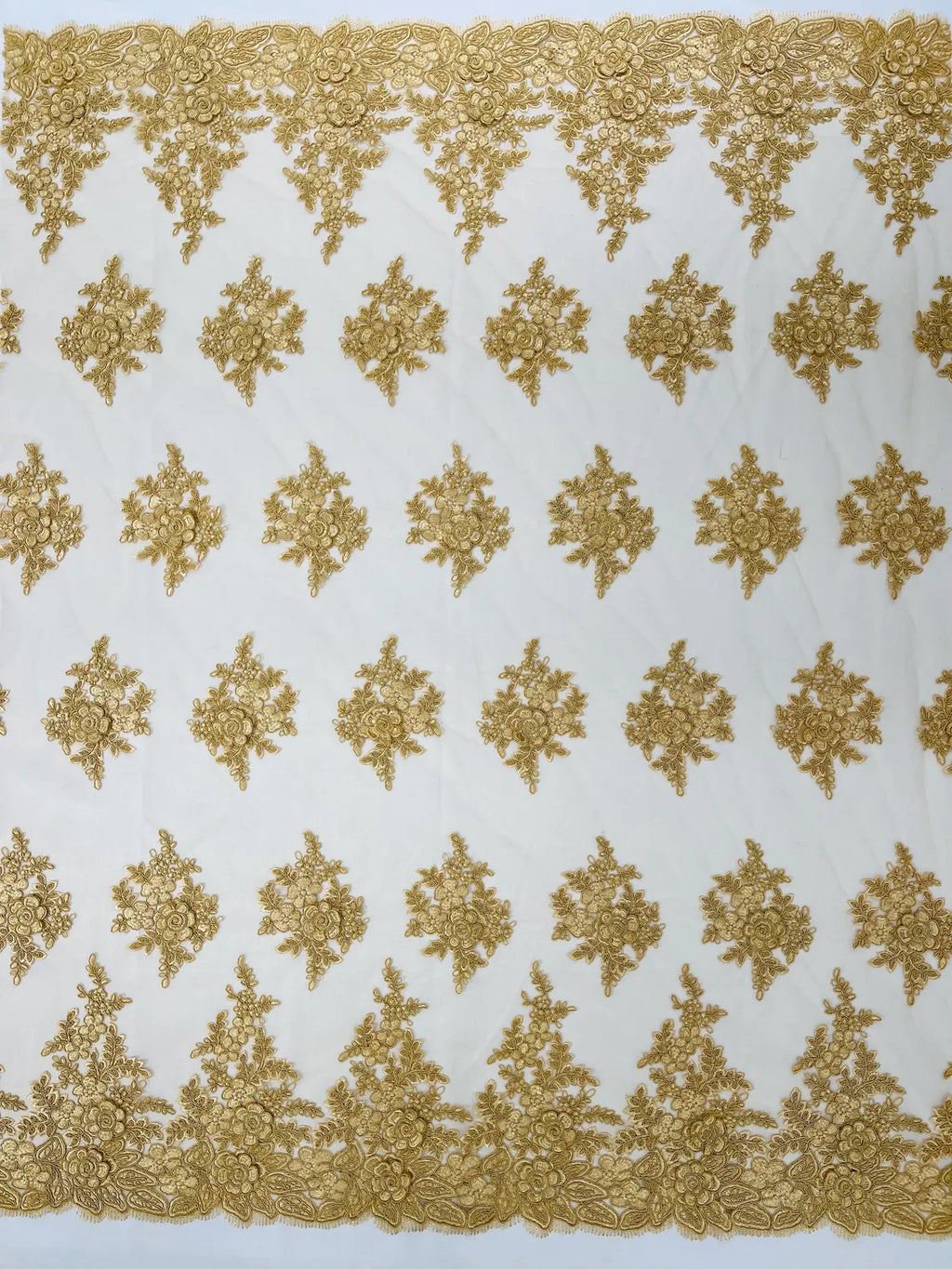 Corded Floral 3D Fabric - Gold - Embroidered Floral Design on Lace Mesh Fabric by Yard