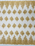 Corded Floral 3D Fabric - Gold - Embroidered Floral Design on Lace Mesh Fabric by Yard