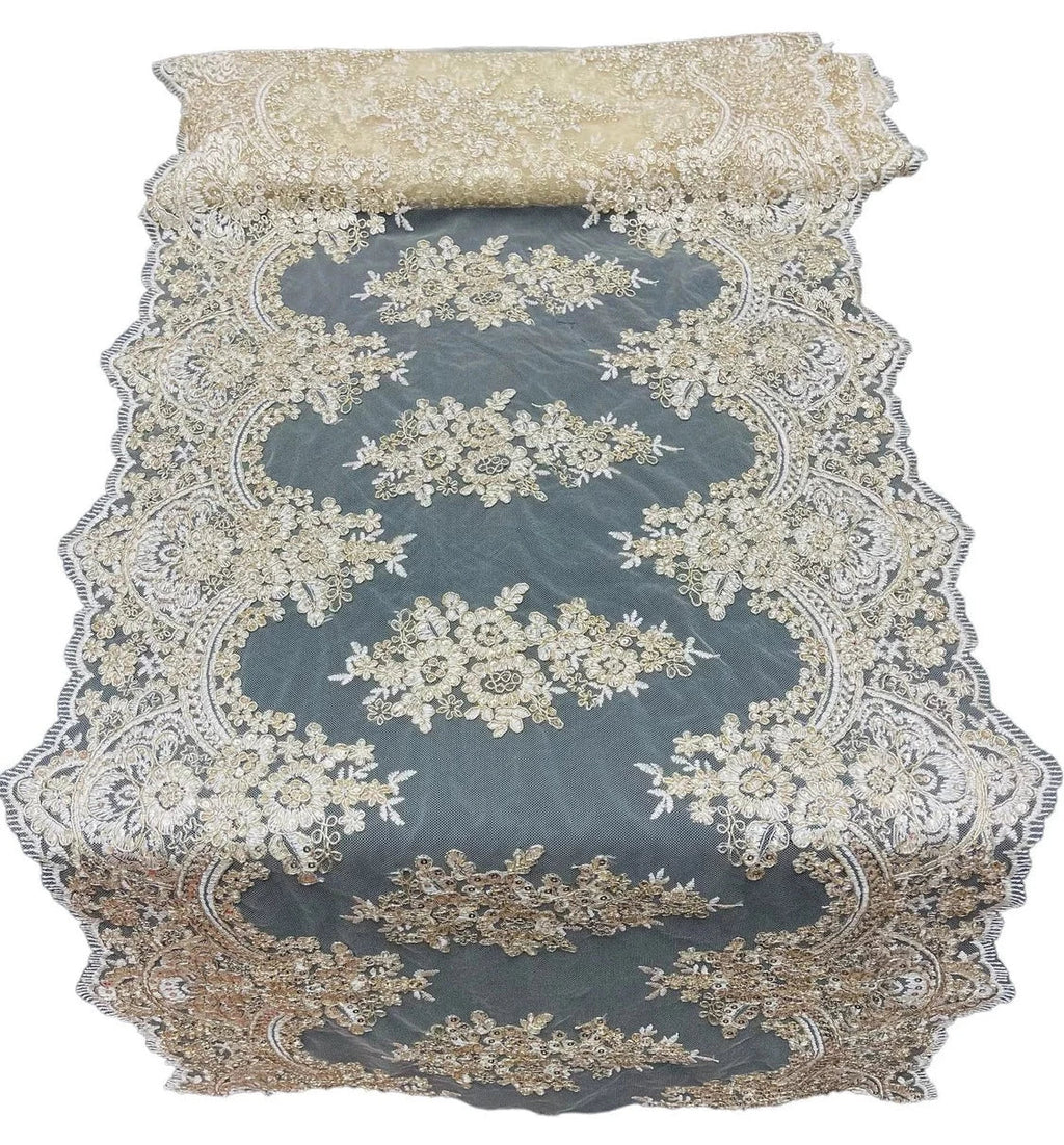 21" Floral Lace Metallic Design Table Runner - Gold - Floral Runner for Event Decor Sold By The Yard