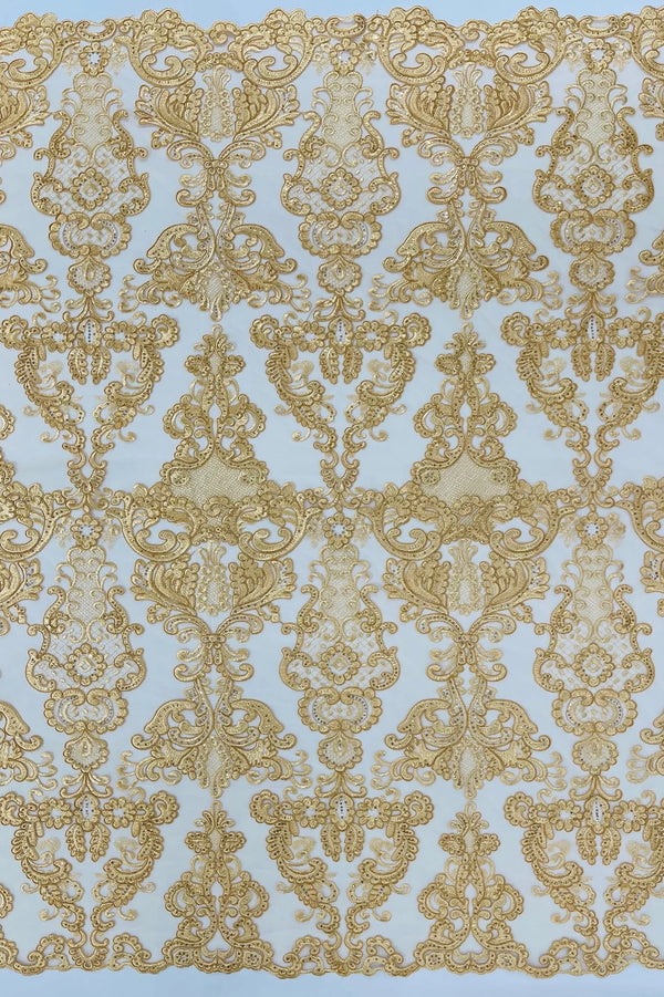 King Lace Pattern Fabric - Gold - Embroidered Sequins on Lace Mesh Fabric By Yard