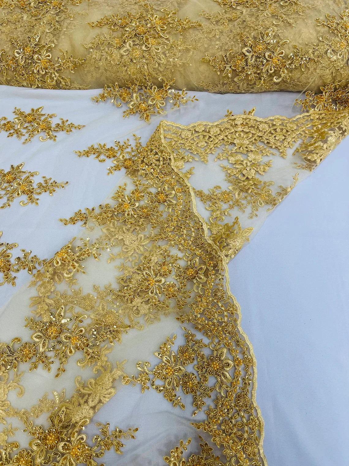 Beaded Shiny Floral Cluster - Gold - Embroidered Luxury Floral Design by Yard
