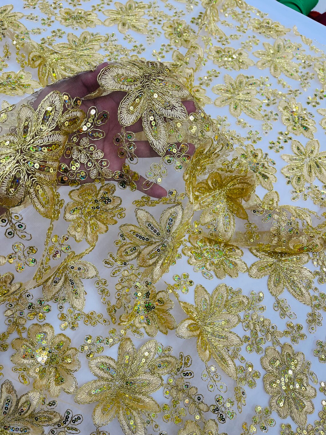 Corded Lace Floral Fabric - Gold - Hologram Sequins Metallic Thread Floral Fabric by Yard