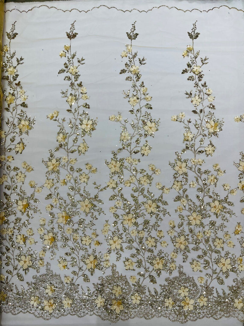 3D Flower Glitter Fabric - Gold - Floral Glitter Sequin Design on Lace Mesh Fabric by Yard