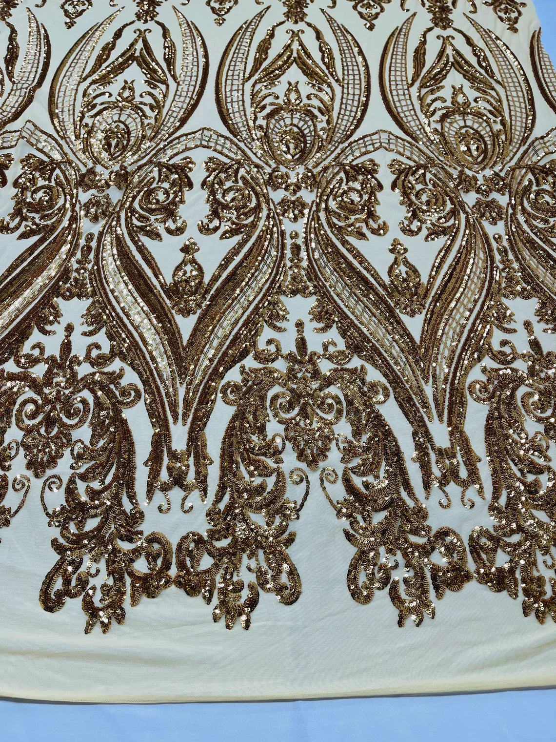 Big Damask Sequins Fabric - Gold - 4 Way Stretch Damask Sequins Design Fabric By Yard