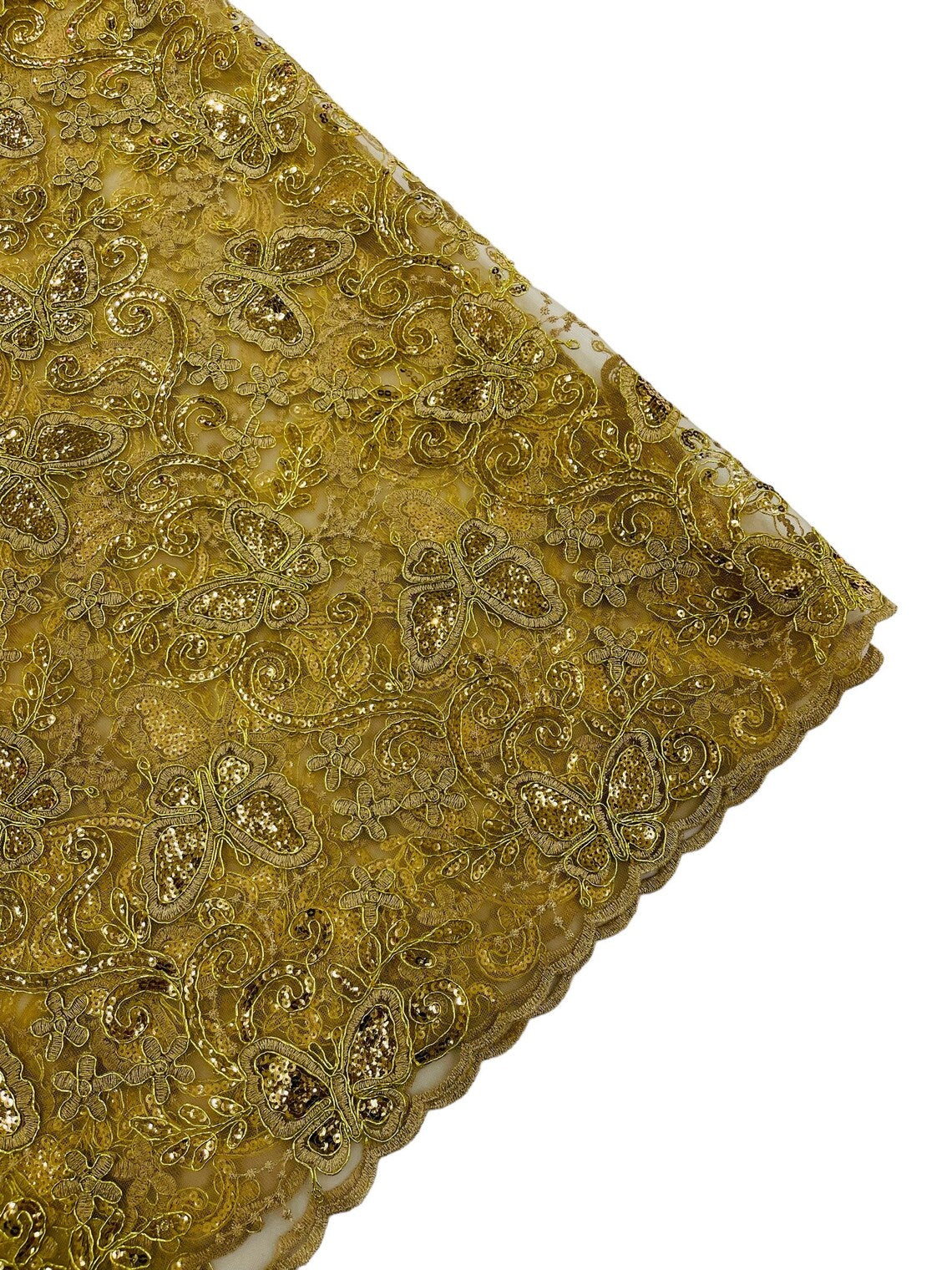 Butterfly Sequins Fabric - Gold - Metallic Floral Butterfly Design on Lace Fabric By Yard