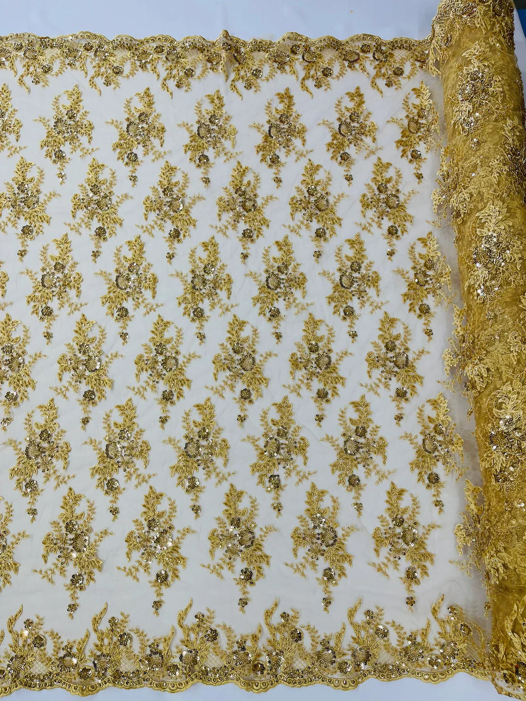 Beaded Flower Sequins Fabric - Gold - Embroidered Beaded Floral Clusters Sequins Fabric By Yard