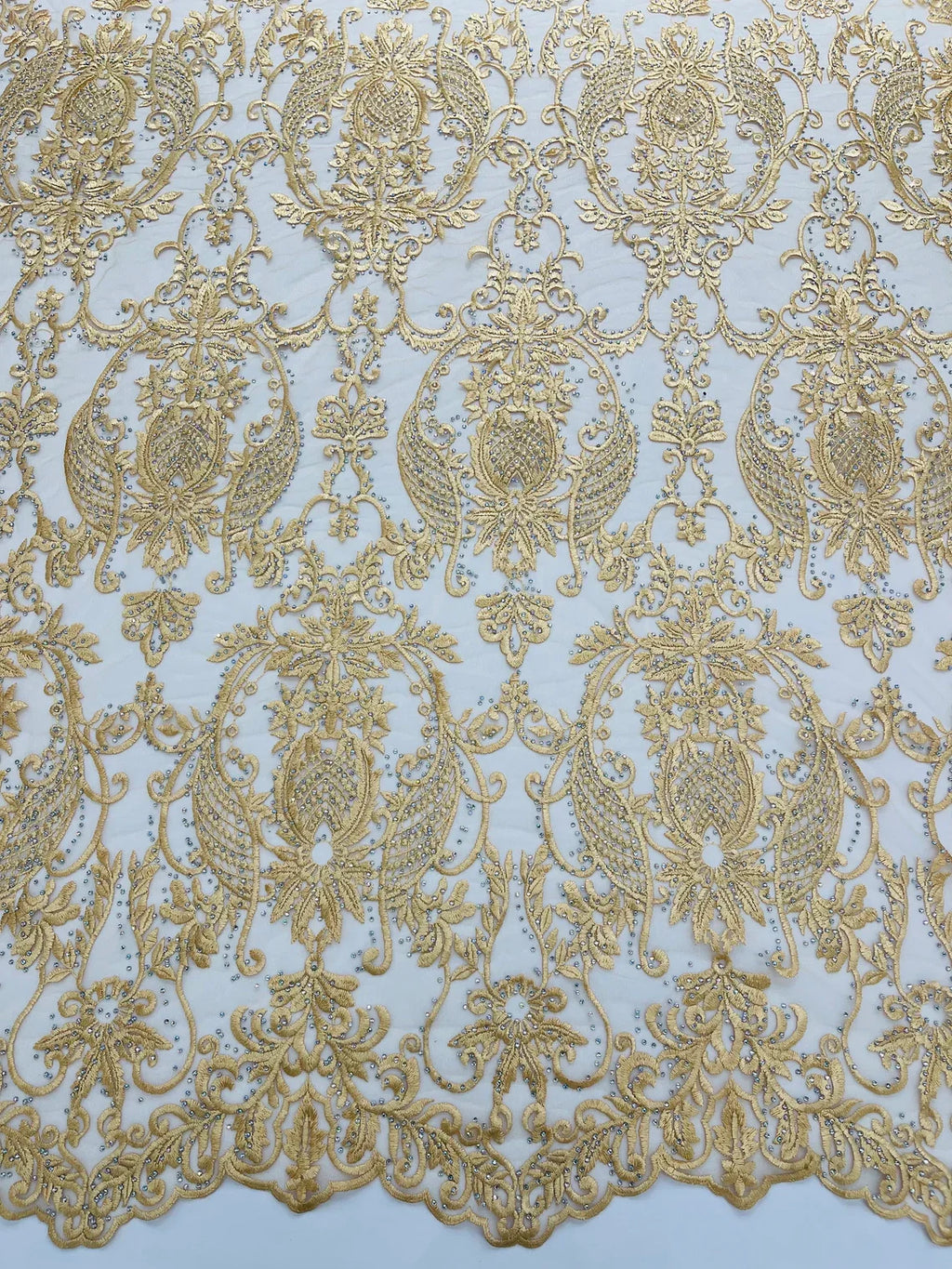 Damask Rhinestone Fabric - Gold - Beaded Embroidery Corded Lace Fabric Sold by Yard