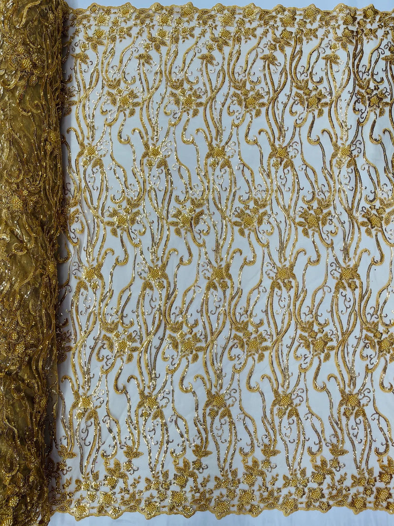 Small Flower Bead Fabric - Gold - Beaded Flower Fabric with Curled Lines Design By Yard