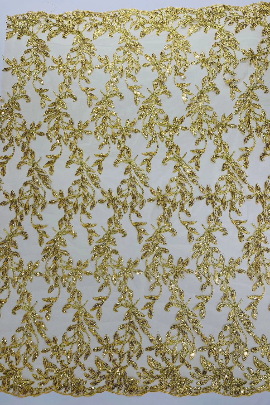 Metallic Thread Leaf Design - Embroidered Leaf With Sequins Design on Mesh Lace Fabric by the Yard