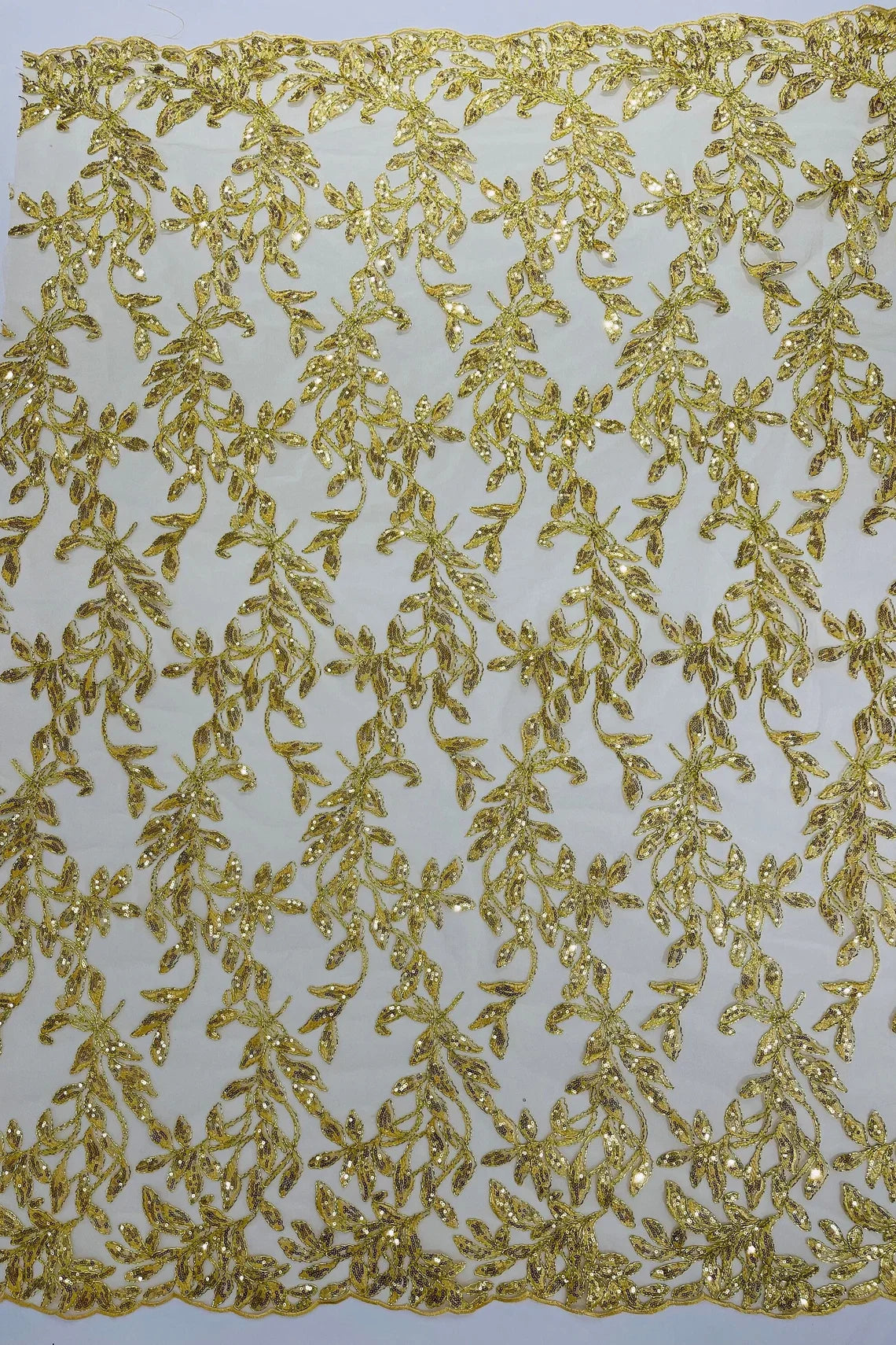 Metallic Thread Leaf Design - Embroidered Leaf With Sequins Design on Mesh Lace Fabric by the Yard