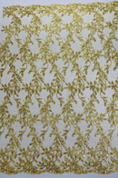 Metallic Thread Leaf Design - Embroidered Leaf With Sequins Design on Mesh Lace Fabric by the Yard