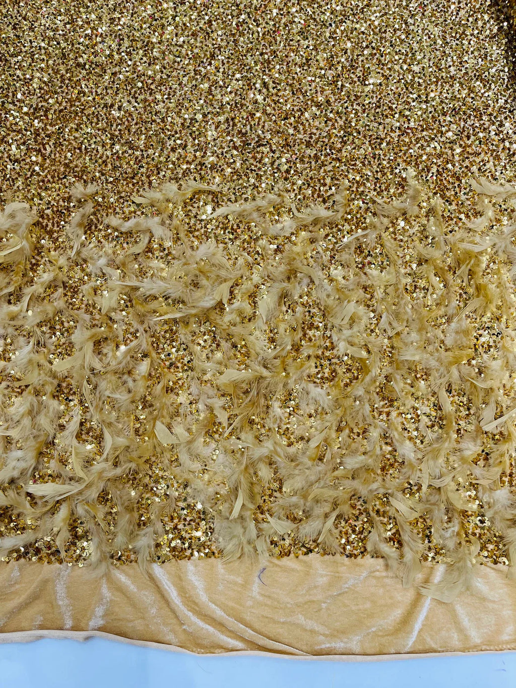 Feather Sequin Velvet Fabric - Gold - 5mm Sequins Velvet 2 Way Stretch 58/60" Fabric By Yard