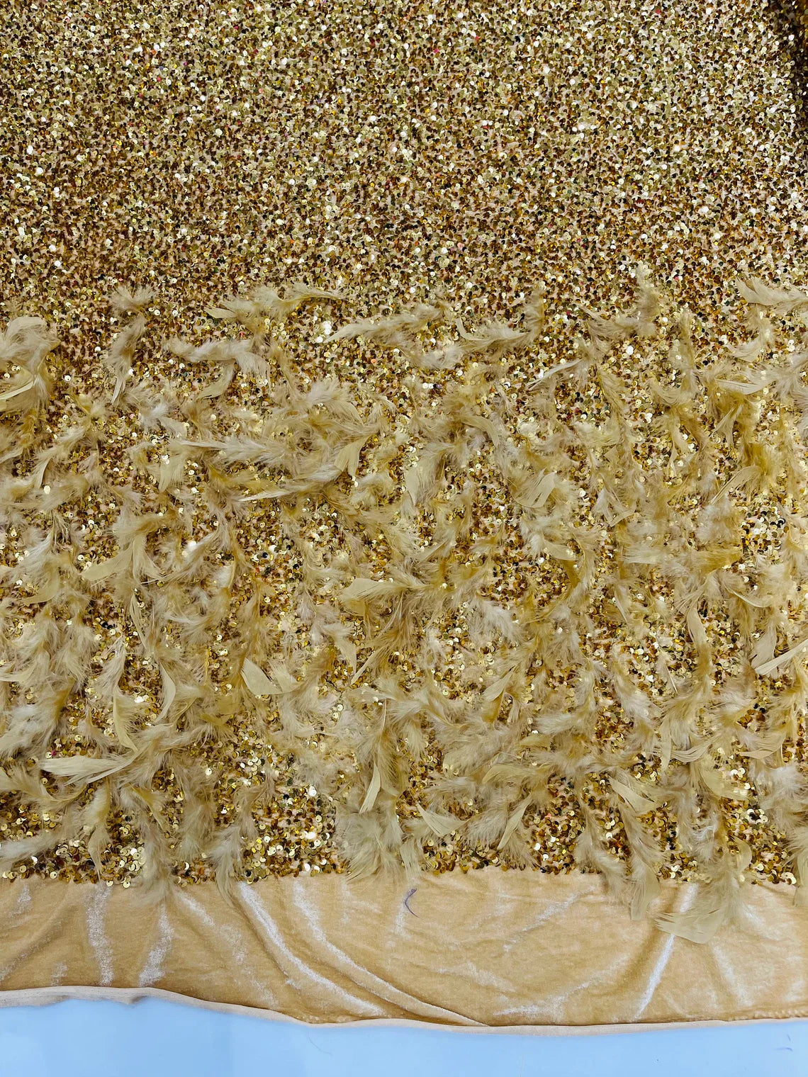 Feather Sequin Velvet Fabric - Gold - 5mm Sequins Velvet 2 Way Stretch 58/60" Fabric By Yard