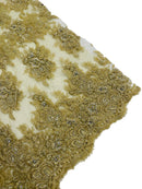 Rhinestone Beaded Fabric - Gold - Beaded Floral Rhinestone Design with Fancy Border Sold By Yard