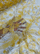 3D Tulle Flower Bead Fabric - Gold - Mesh Flower Plant Design with Beads By Yard