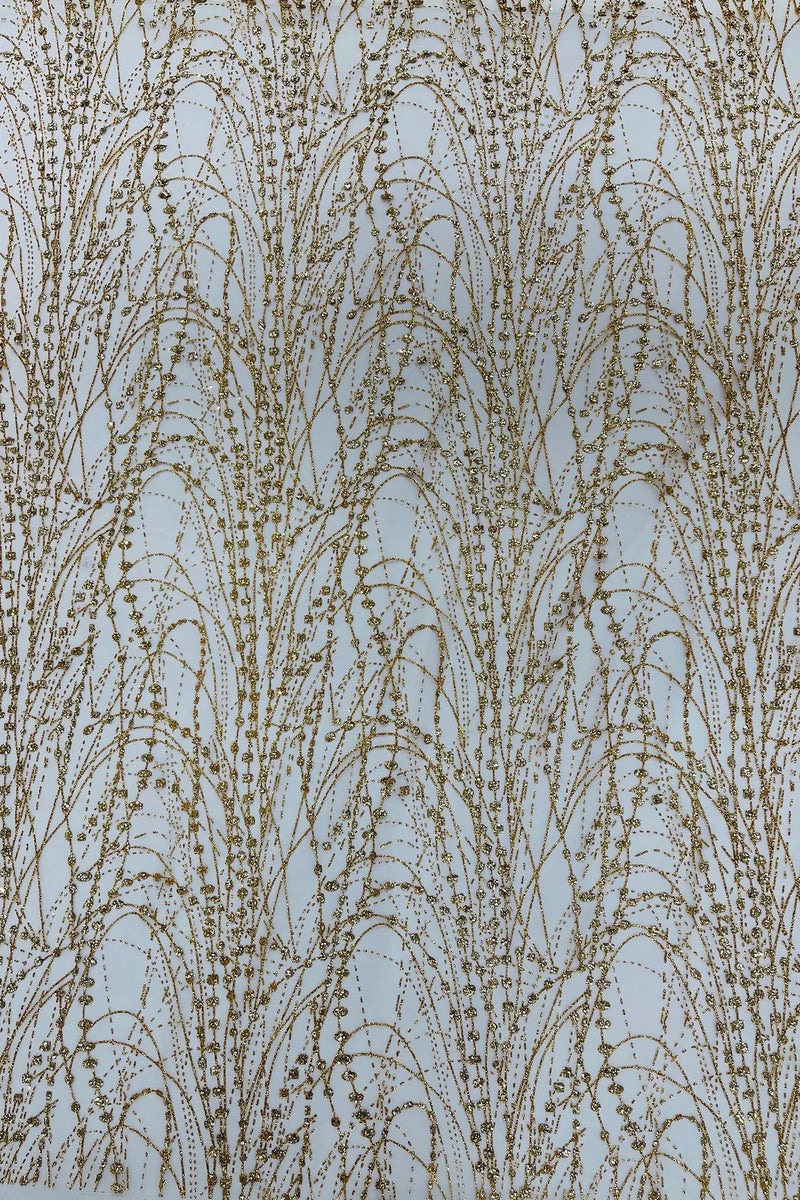 Tulle Glitter Fancy Line Fabric - Gold - Tulle Fabric with Sparkle Glitter Design Sold By Yard