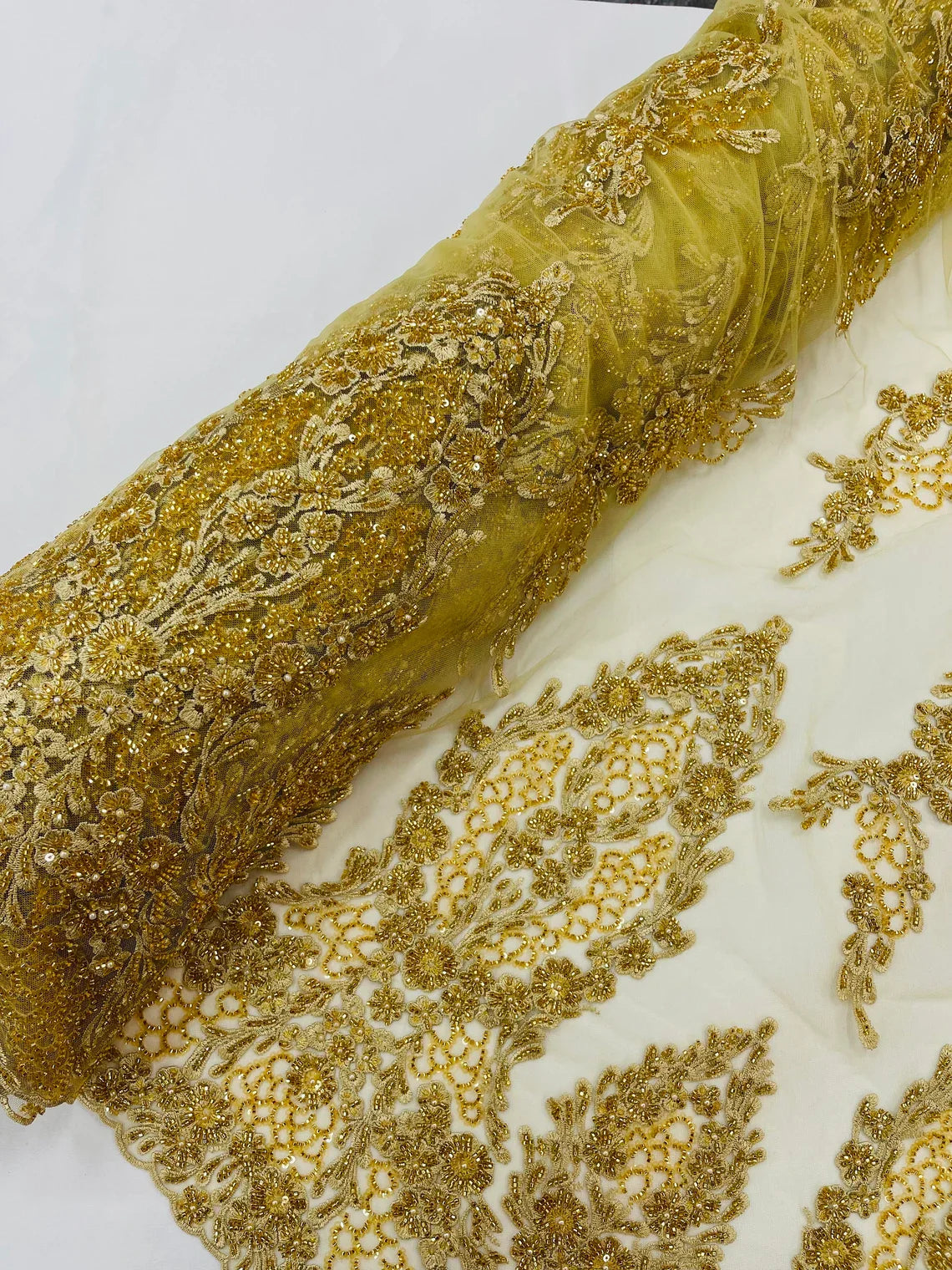 Heavy Bead Floral Fabric - Gold - Beaded Flower Design Fabric Fancy Border By Yard