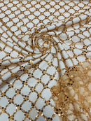 Beaded Diamond Net Fabric - Gold - Embroidered Geometric Beaded Sequins Fabric Sold By Yard