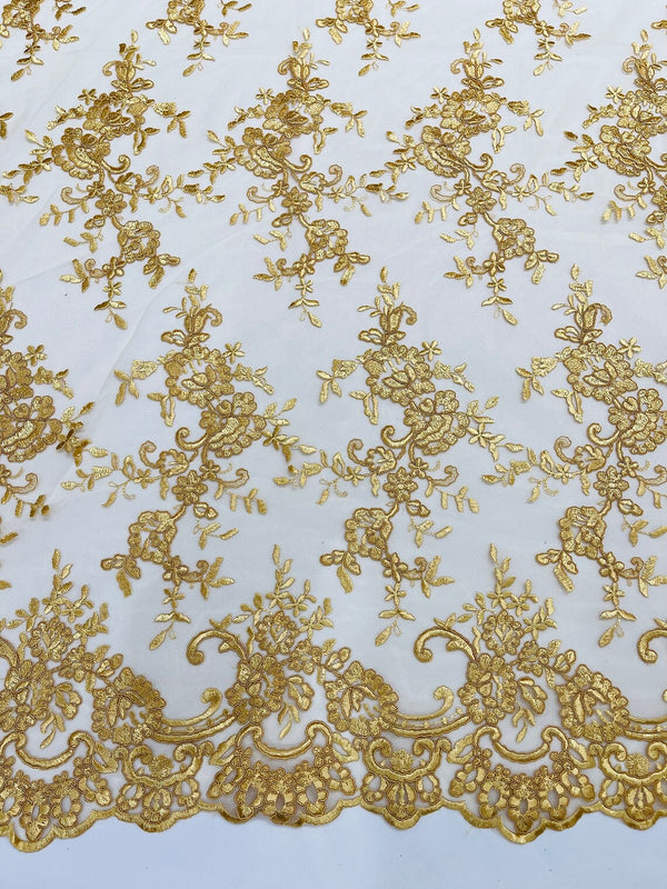 Floral Plant Lace Fabric - Gold - Embroidery Flower Small Leaf Design Lace Fabric Sold By Yard