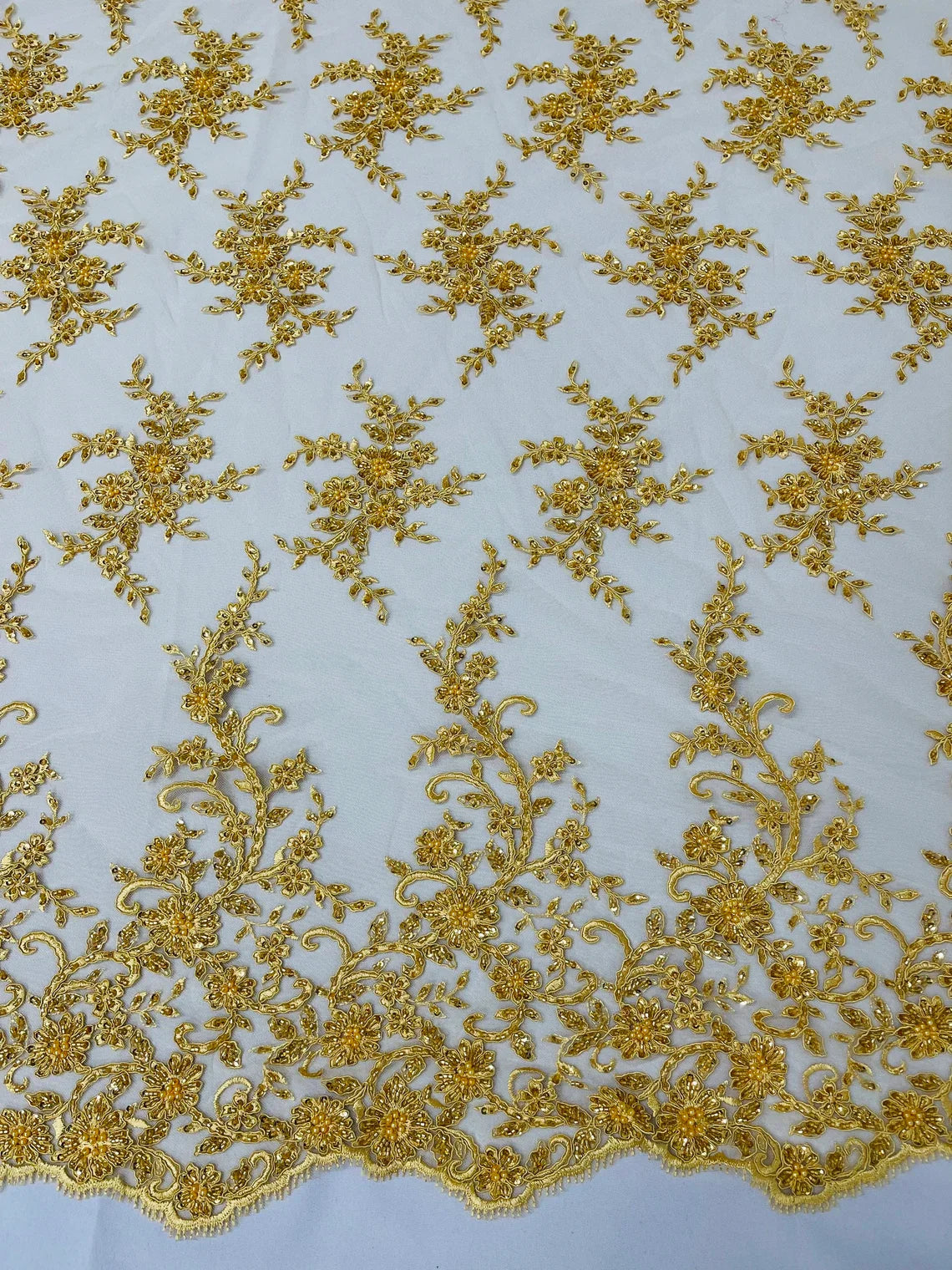 Beaded Floral Cluster - Gold - Fancy Embroidered Glamorous Floral Design Sold by Yard