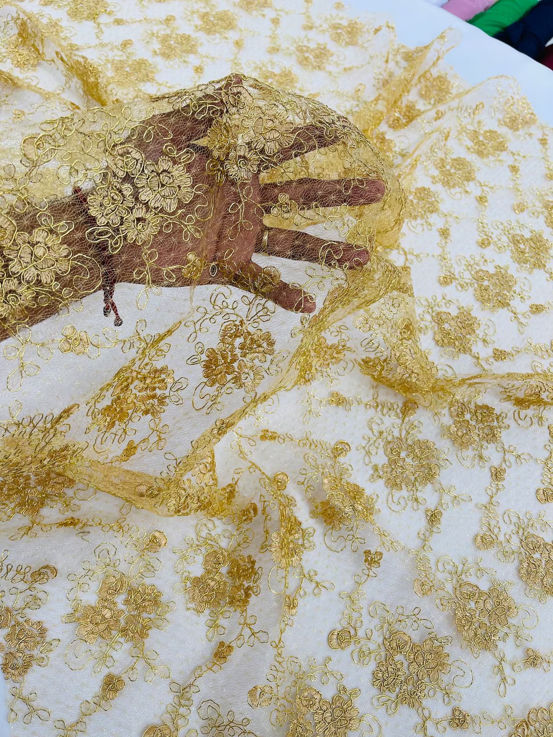 Embroidered Flower Fabric - Gold - Floral Design Scalloped Border Fabric By Yard