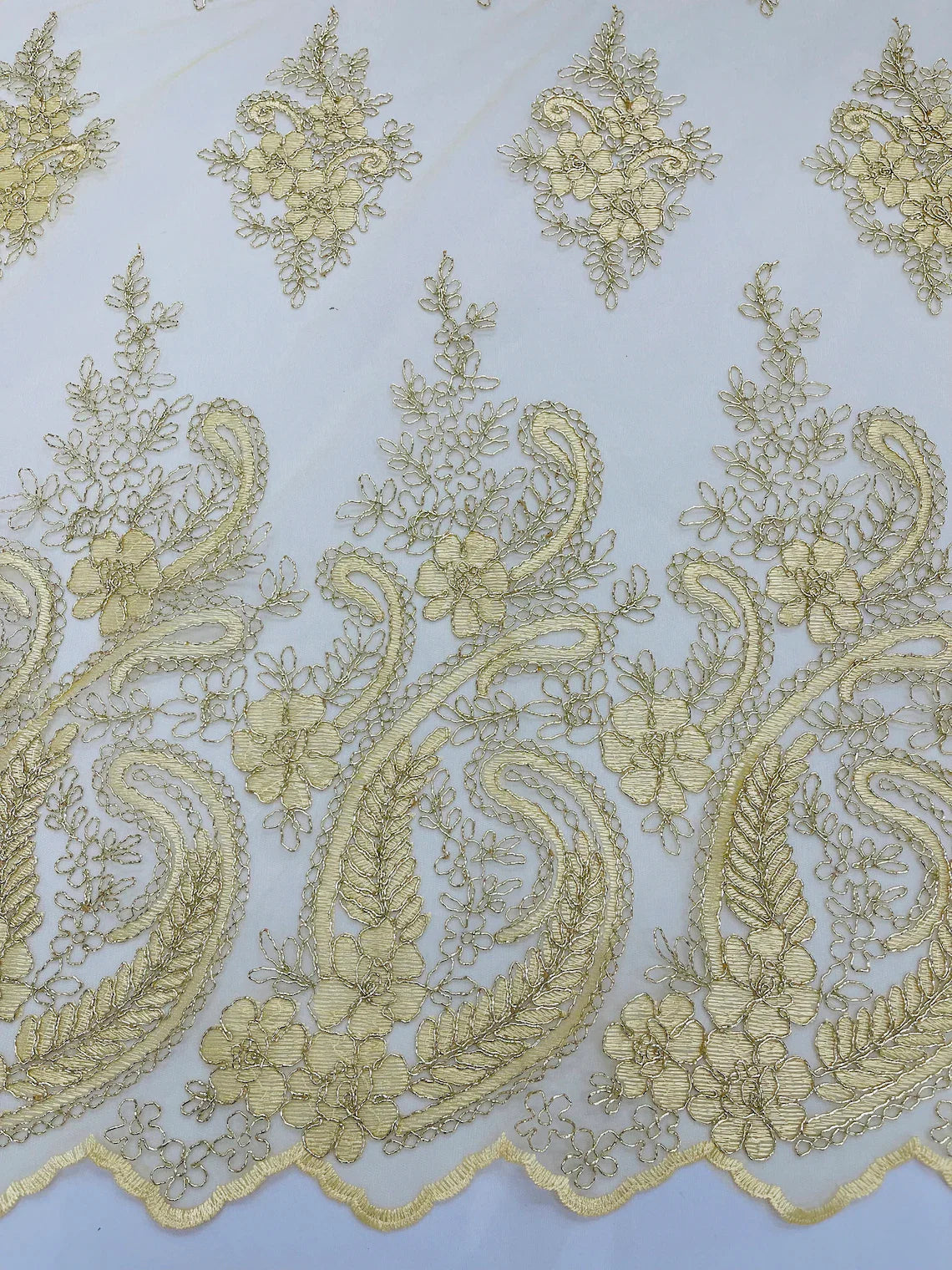 Metallic Corded Lace - Gold - Paisley Floral Fabric with Metallic Thread on a Mesh Lace By Yard